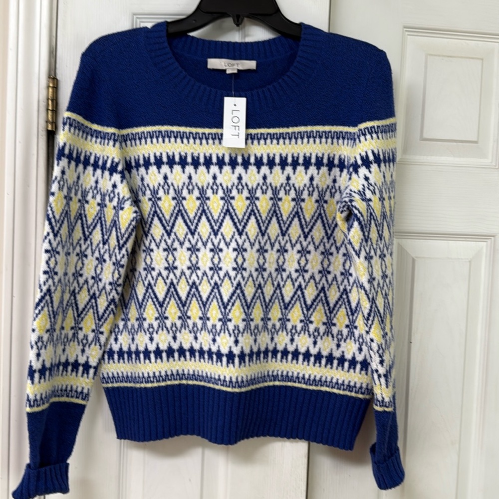 LOFT - Royal Blue with yellow and white sweater- NWT